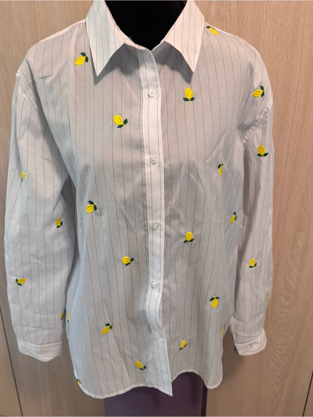 89th & Madison White Shirt with Yellow Lemon Embroidery and Blue Pinstripes